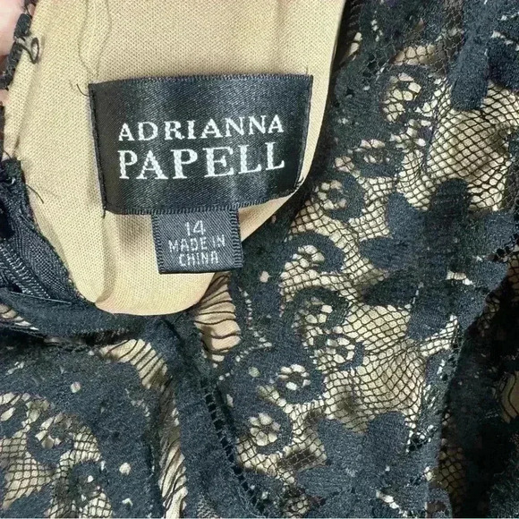 Adrianna Papell Black & Tan Lace Overlay Tiered Ruffle V-Neck Sheath Dress Sz 14 - Picture 4 of 7